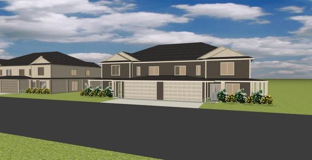 A digital rendering of two attached two-story houses with gray siding, dark roofs, and white garage doors on a sunny day.