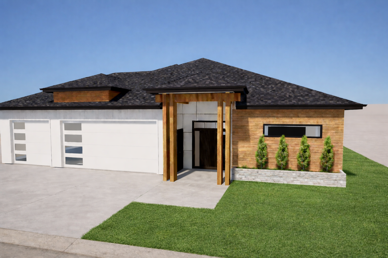 A digital rendering of two attached two-story houses with gray siding, dark roofs, and white garage doors on a sunny day.