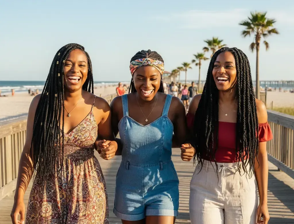Three women walking, smiling, holding hands on a boardwalk by the beach.