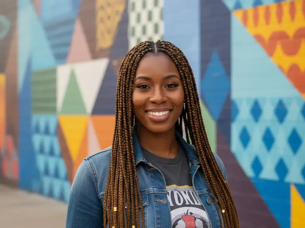Woman with long braided hair smiles in front of a colorful geometric mural. She wears a jean jacket and graphic tee.