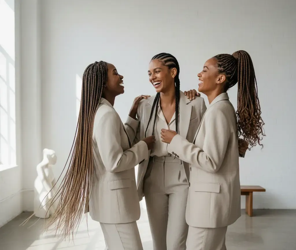 Three women in tan suits laugh together in a bright room.
