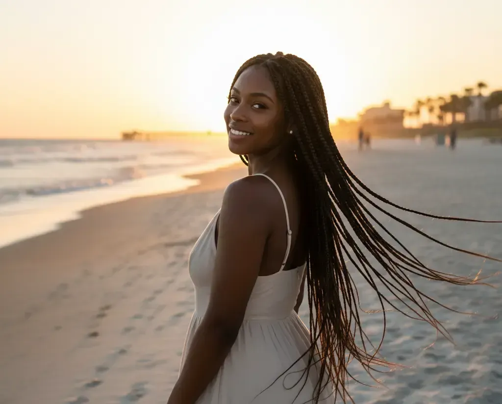 Woman on beach at sunset, smiling, wearing dress, long braids, ocean view.