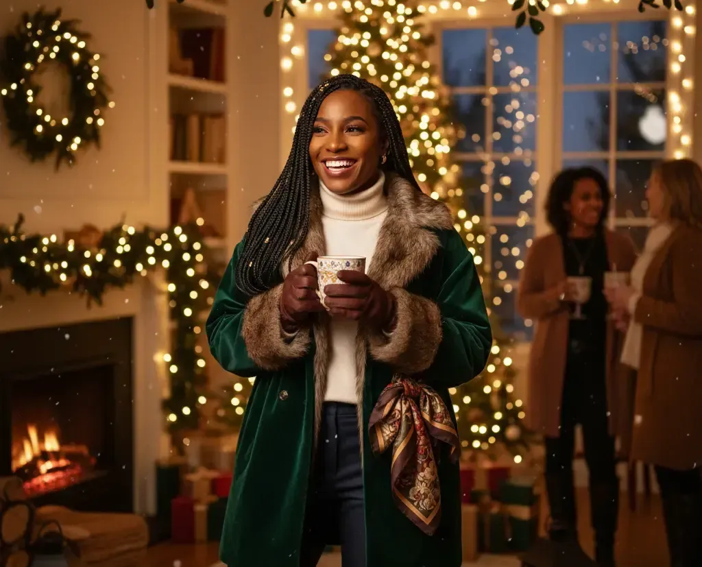 Woman holding mug, smiling in cozy living room with Christmas decorations.