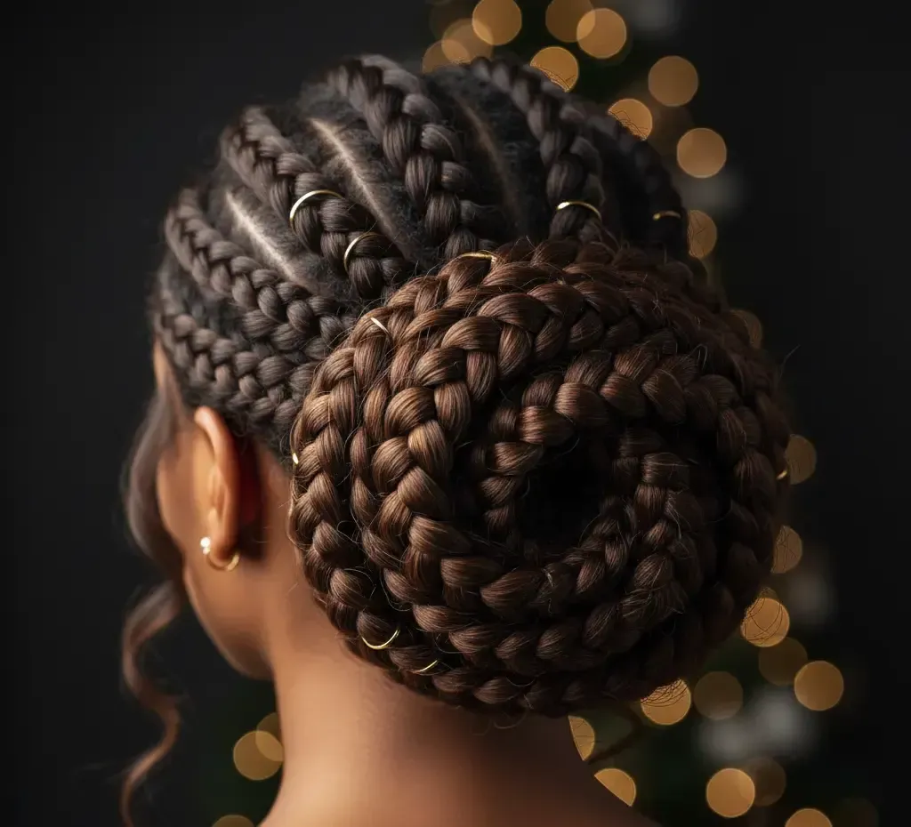 Braided updo hairstyle with spiral bun and gold hair rings.