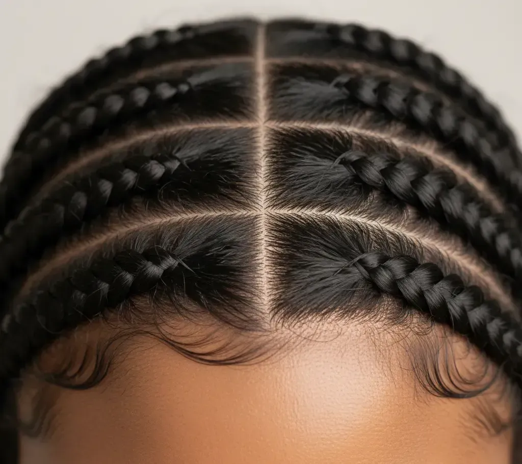 Close-up of braided hairstyle with neat parts and defined edges.