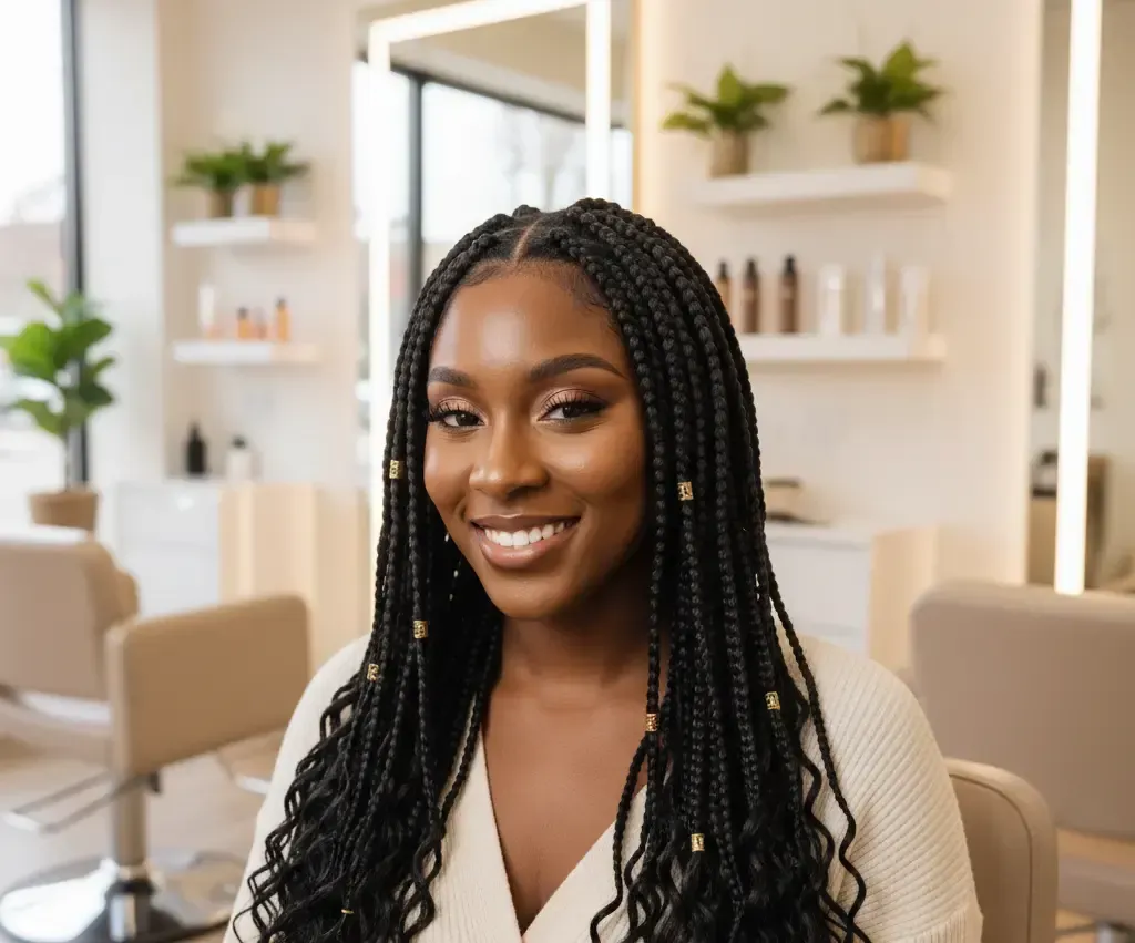 Woman with long braided hair smiles in a salon, surrounded by chairs and shelves.