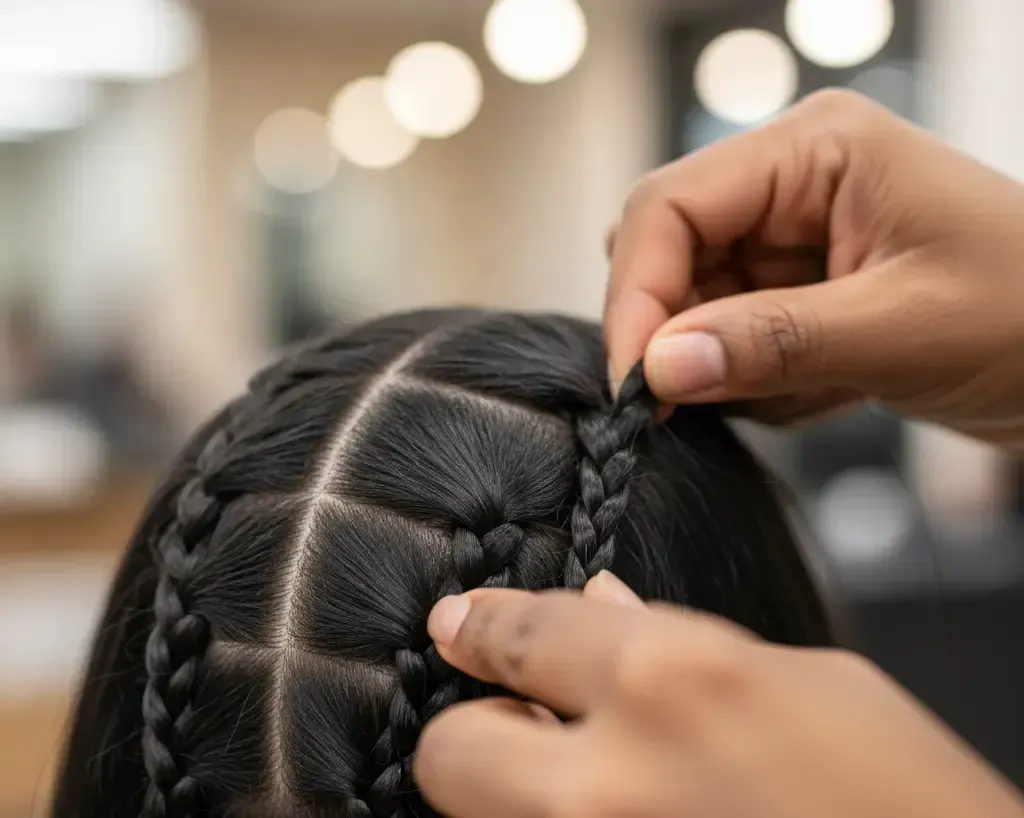 Hands braiding black hair, with square sectioning visible.