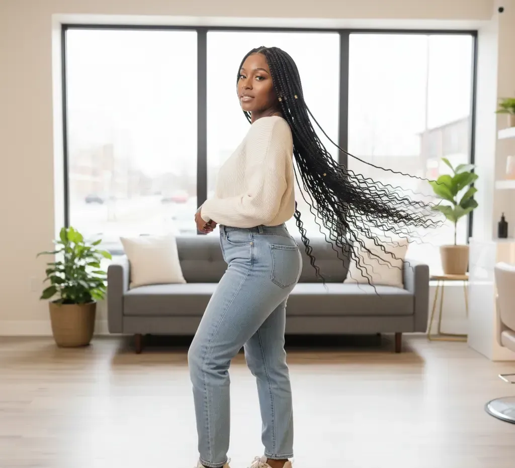 Woman with long braids smiles, poses in a bright interior. She wears a cream sweater and jeans.
