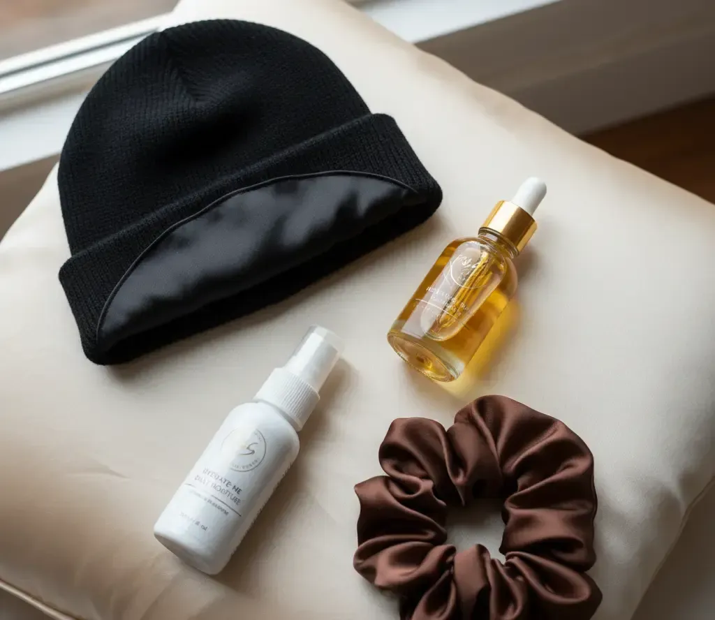 Black beanie with satin lining, brown scrunchie, oil bottle, and spray bottle on a pillow.