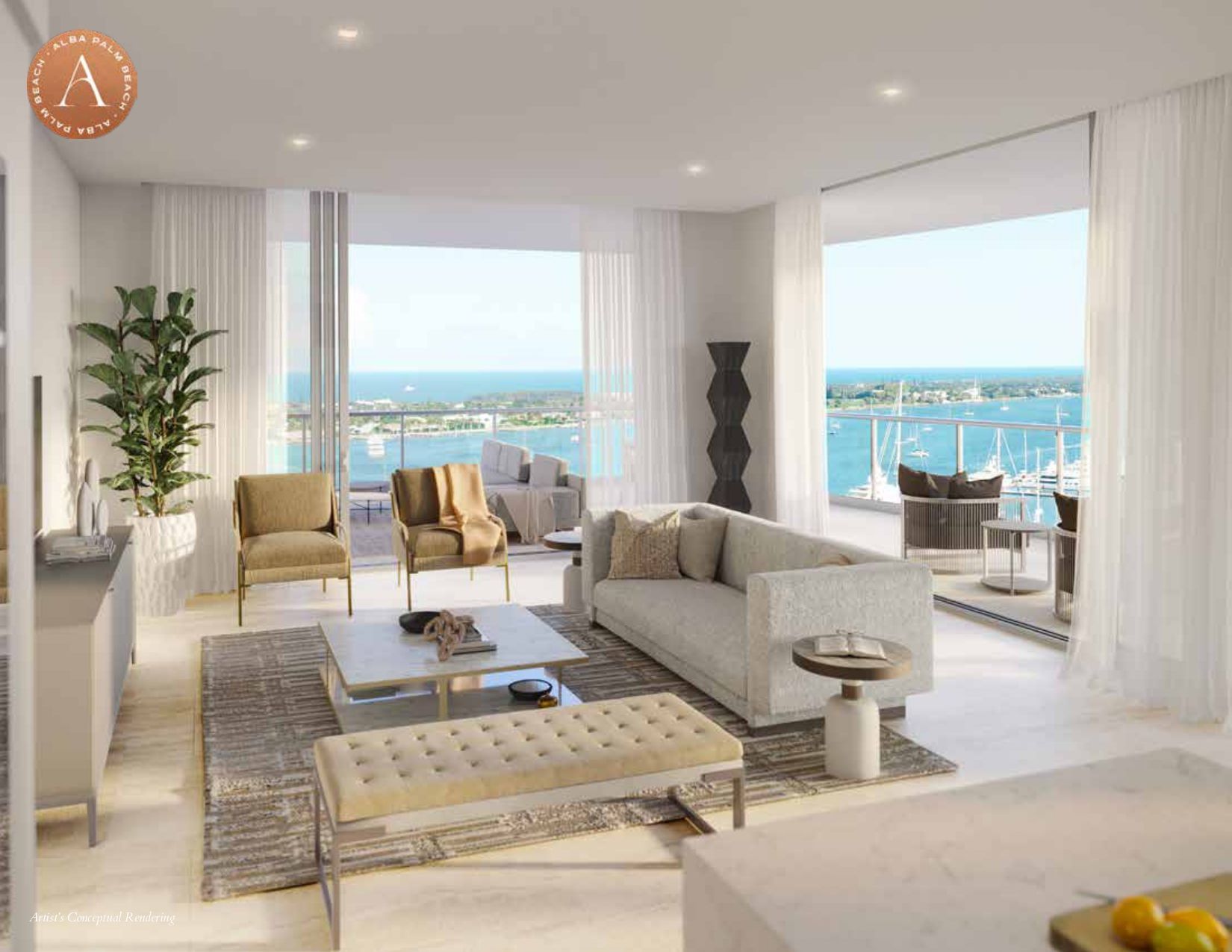 Elegant living room with ocean view, modern furniture, neutral colors, open to balcony.