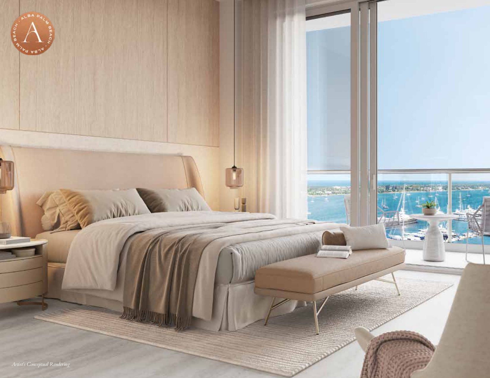 Bedroom with neutral tones, large bed, waterfront view from balcony.
