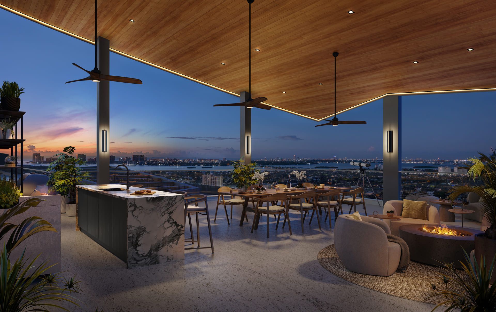 Rooftop patio with city view at dusk. Features kitchen island, dining table, seating, and plants under a wooden ceiling.