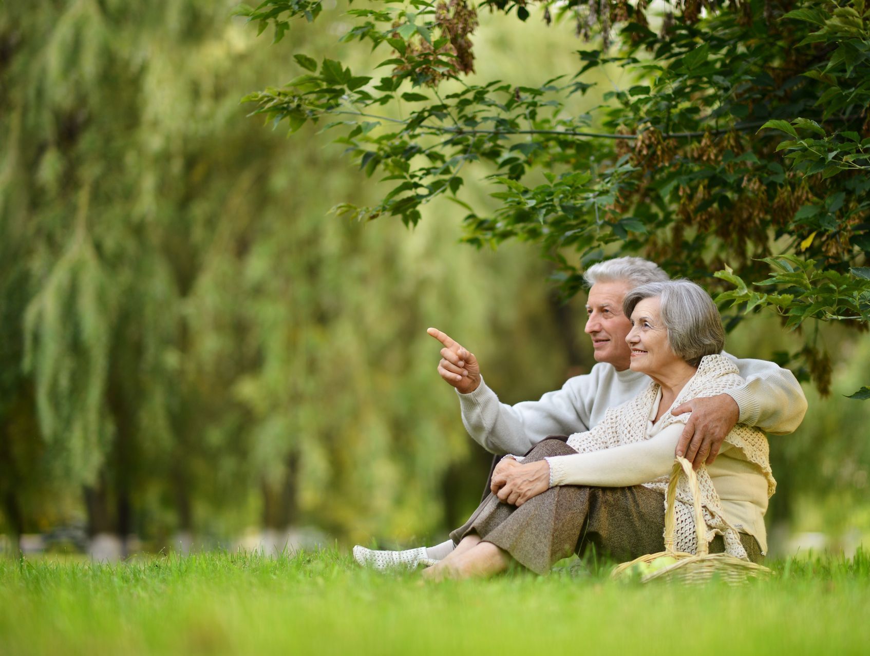 An elderly couple is sitting under a tree in a park.