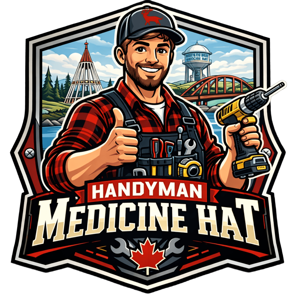 Handyman Medicine Hat: A handyman icon on orange shield with name of location.