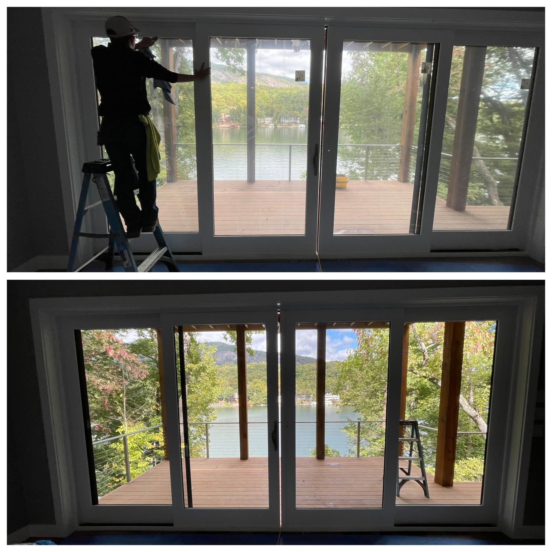Before and after view of a sliding glass door wall being installed, with lake and deck visible outside.