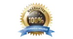 Gold 100% guarantee seal with a blue ribbon labeled “licensed supplier”