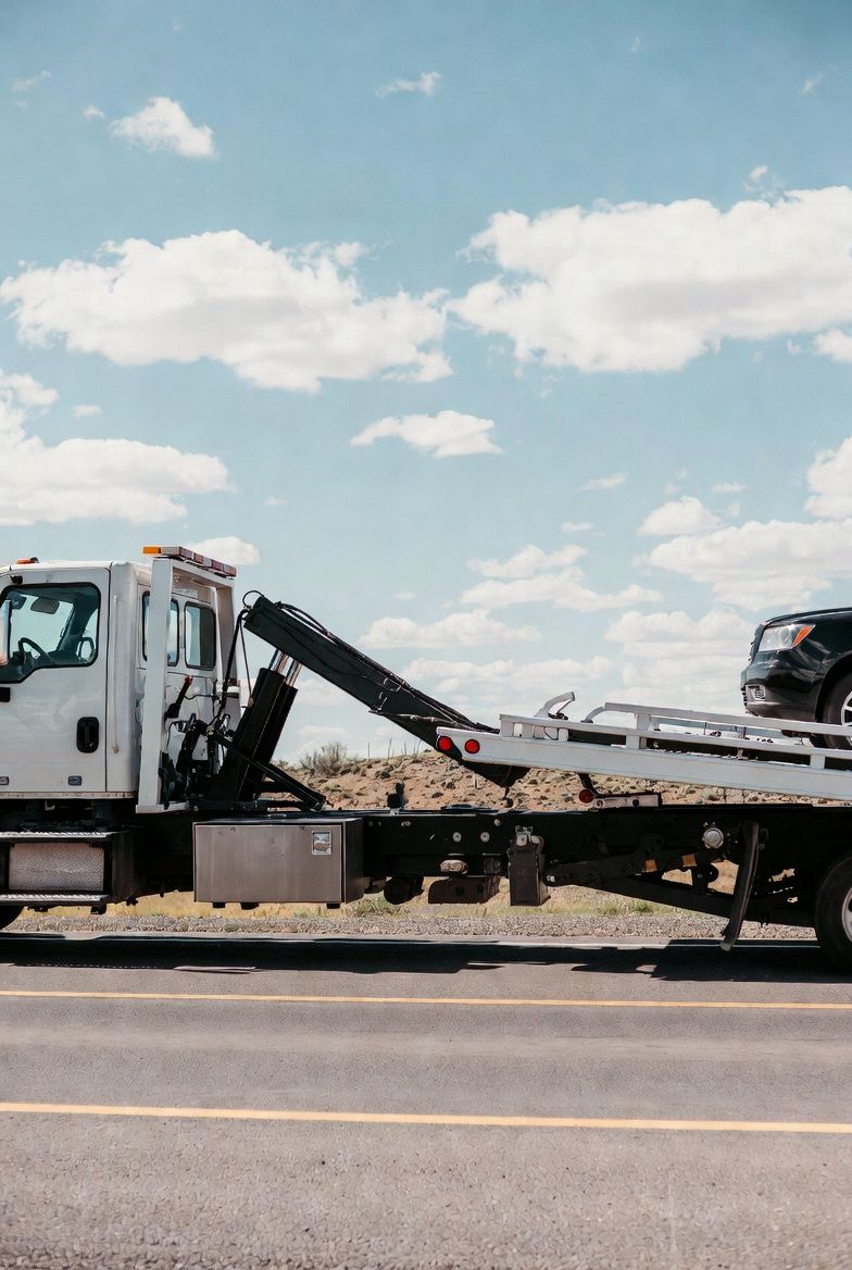 Flatbed tow truck removing car after roadside incident