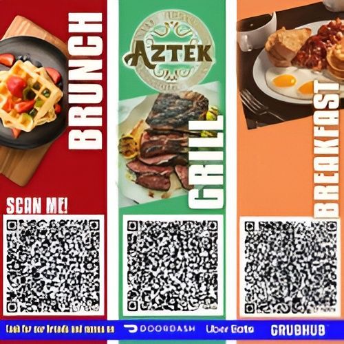 Triptych promoting Azték Grill: Brunch, Grill, and Breakfast with QR codes for DoorDash, Uber Eats, and Grubhub.