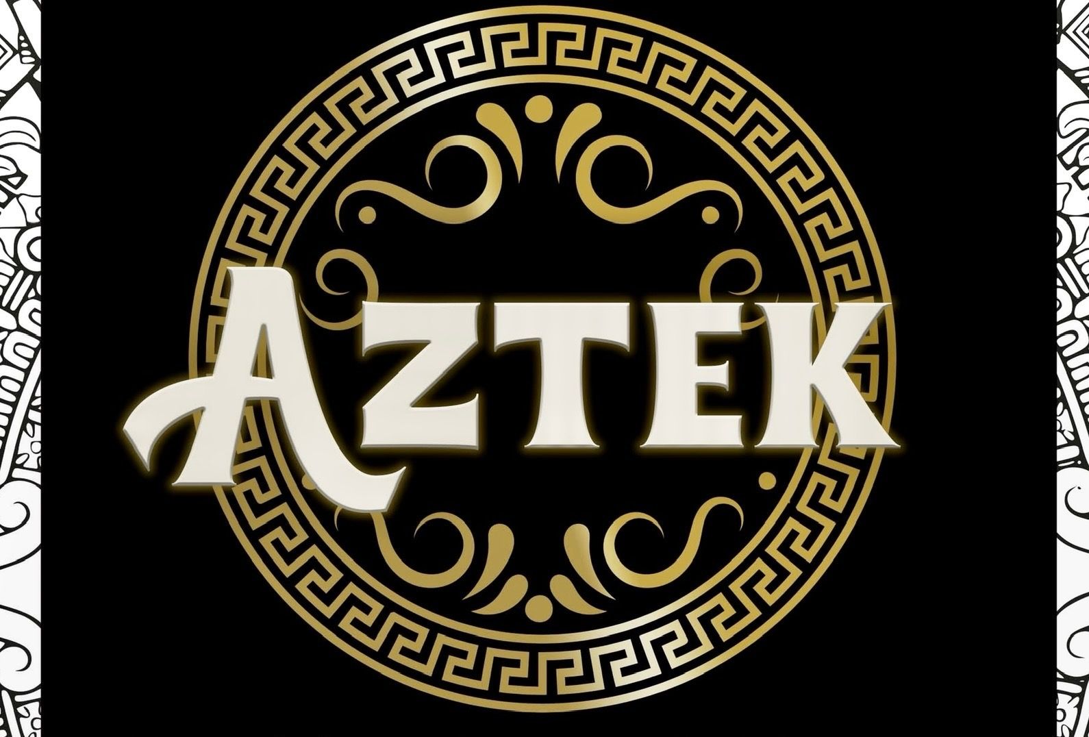 "Aztek" text in a gold-colored, circular design with decorative Greek key border, on a black background.