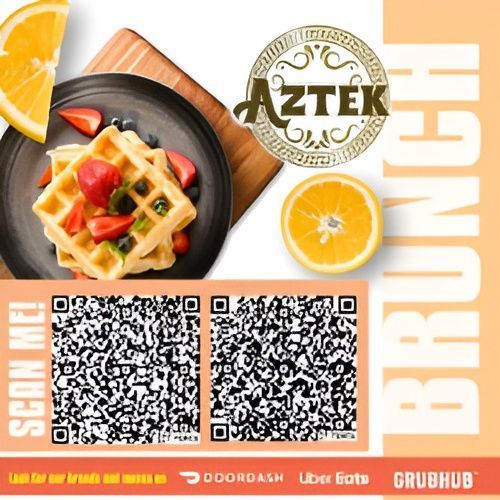 Aztek Brunch ad: waffles with fruit, orange slices, and QR codes for DoorDash, Uber Eats, and Grubhub.