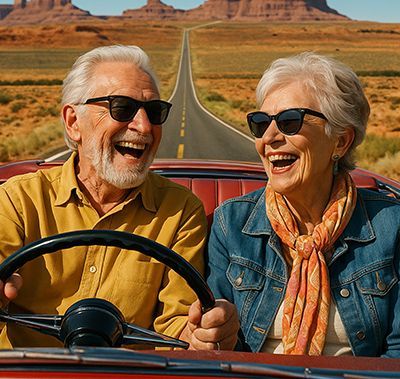 Elderly couple in convertible driving down a desert road, laughing, wearing sunglasses.