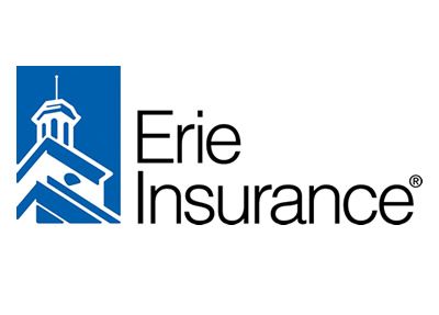 Erie Insurance logo: Blue square with building outline, text 