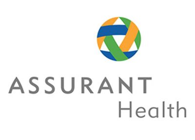 Assurant Health logo: Abstract circle with blue, green, and orange shapes above text 