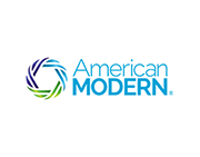 American Modern logo: Abstract circular design in shades of blue and green, beside blue text.