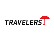 Travelers insurance logo, black text, red umbrella icon.