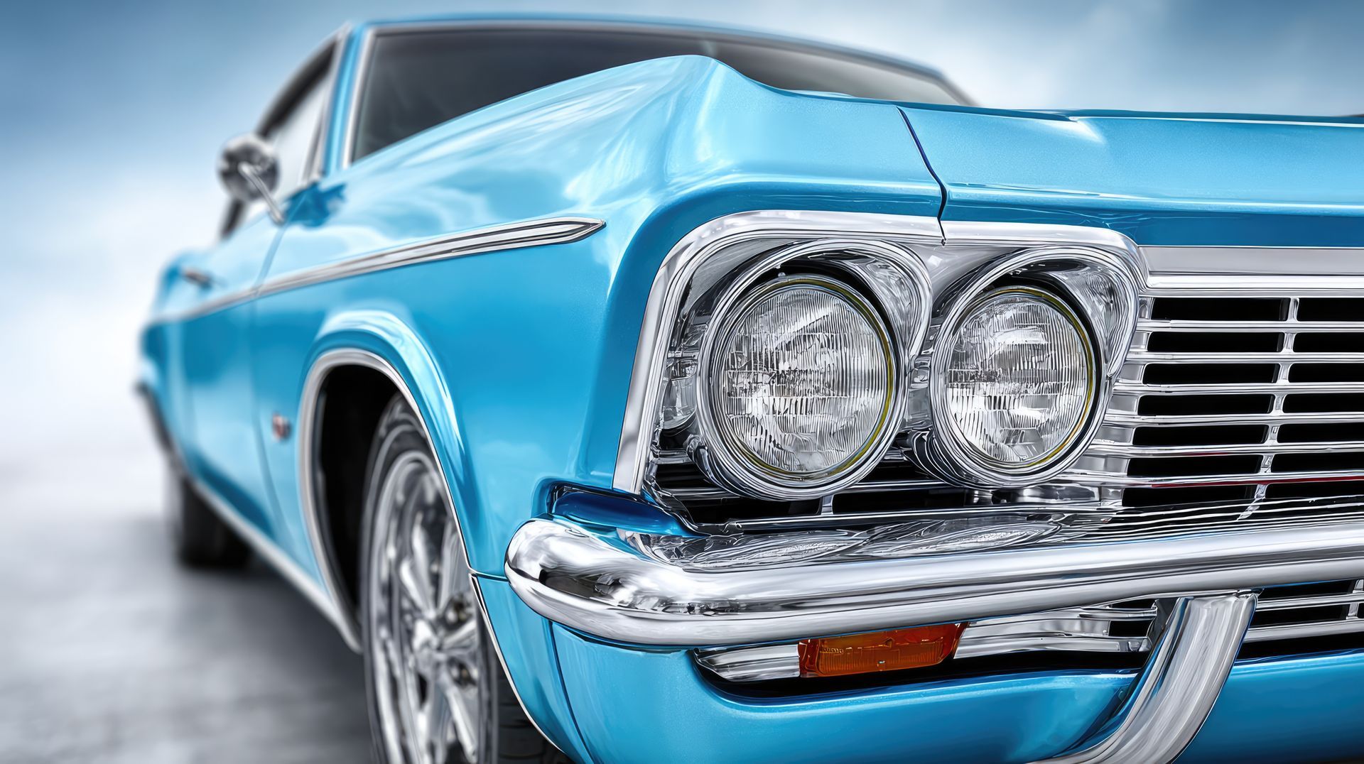 Blue classic car with chrome details.