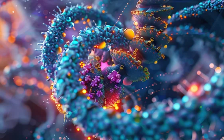 Ein computergeneriertes Bild einer Zelle mit einem blauen und violetten Hintergrund. Skinnutrition