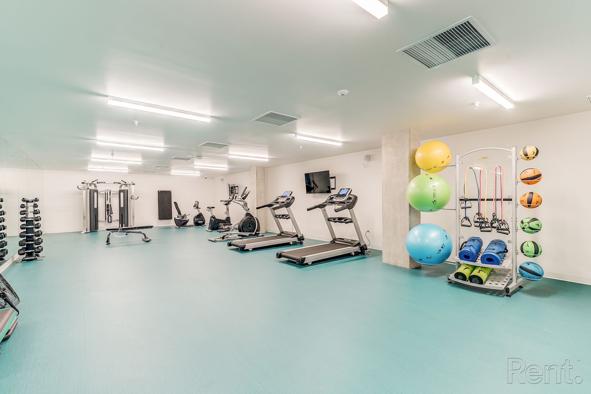 Gym with exercise equipment: treadmills, weights, exercise balls, and a rack of dumbbells. Blue floor, white walls.