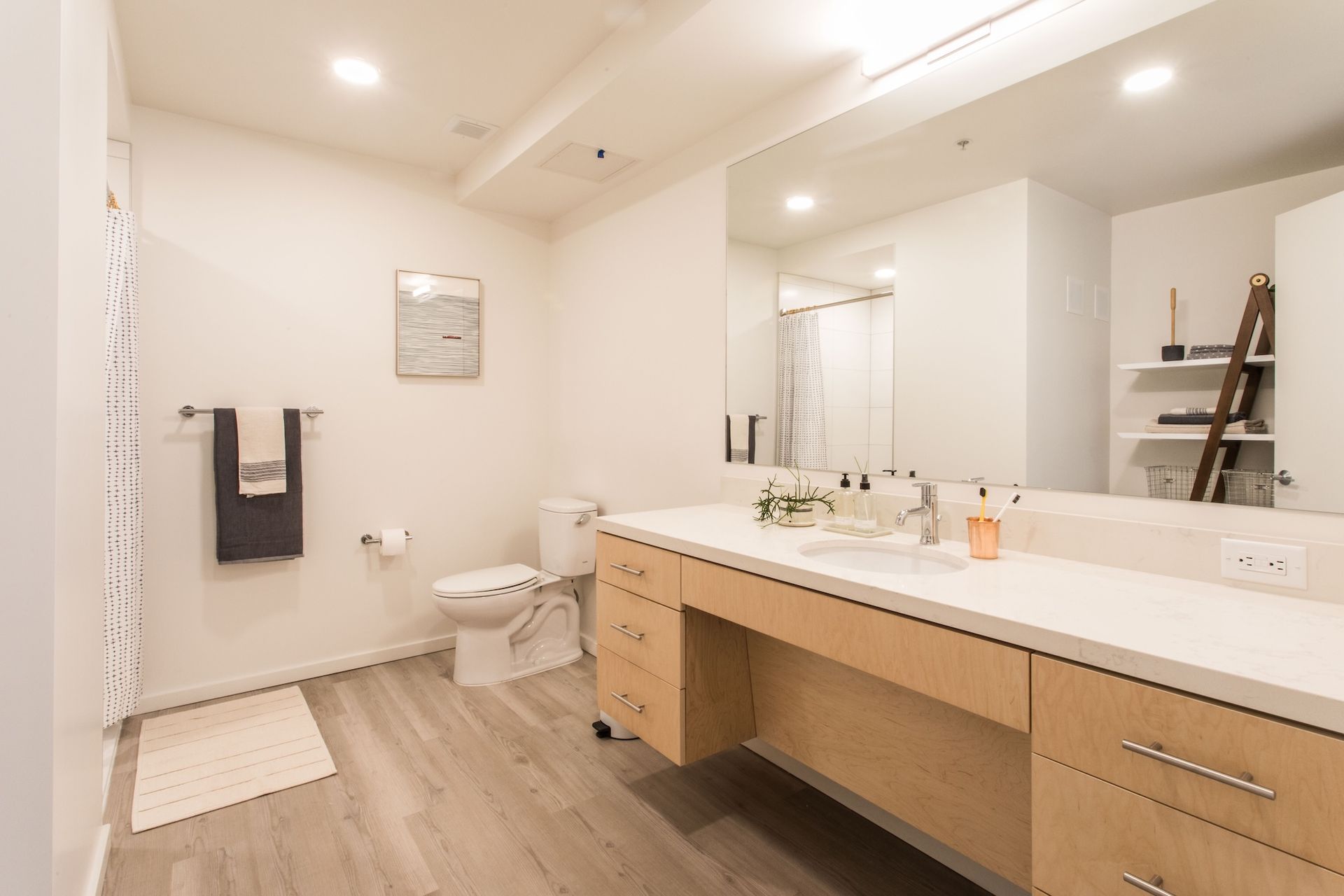 Bathroom with light wood vanity, large mirror, toilet, towel rack, and shelves.