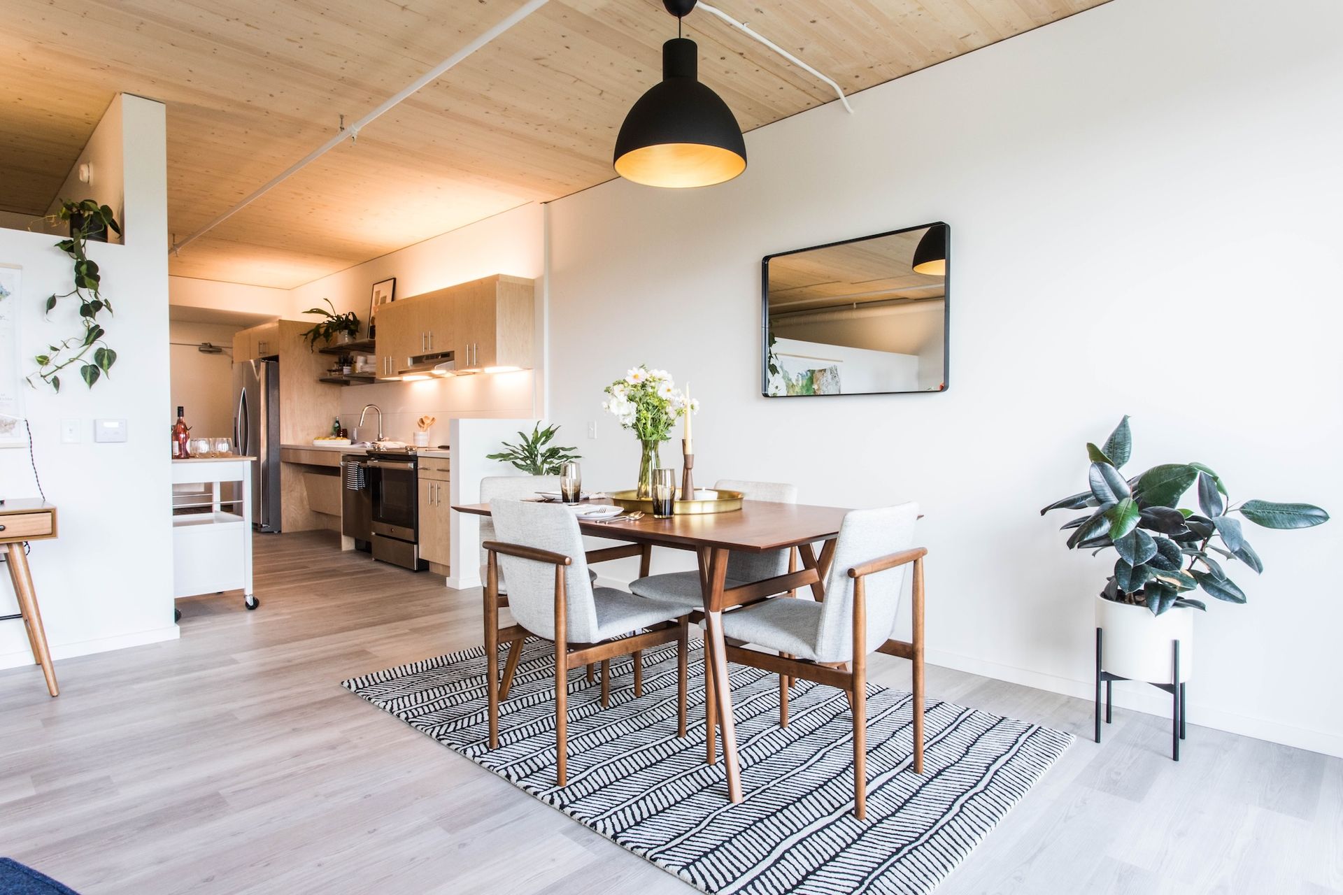 Living area with dining table, chairs, and rug; white walls, wood ceiling, and potted plants.