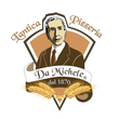Logo per L'Antica Pizzeria Da Michele; raffigura un uomo, una scritta, del grano e sfumature marrone/oro. 