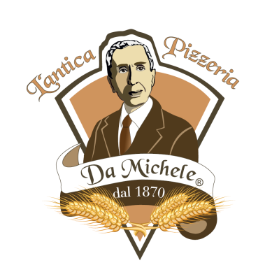 Logo per L'Antica Pizzeria Da Michele; raffigura un uomo, una scritta, del grano e sfumature marrone/oro.
