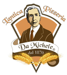 Logo per L'Antica Pizzeria Da Michele: uomo in giacca e cravatta, testo arcuato, striscione con testo, grano e combinazione di colori marrone e beige.