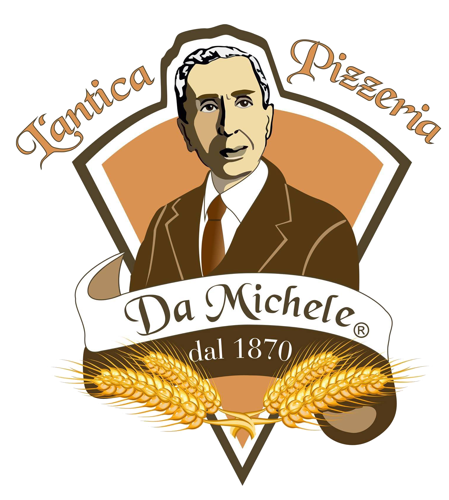 Logo per L'Antica Pizzeria Da Michele: uomo in giacca e cravatta, testo arcuato, striscione con testo, grano e combinazione di colori marrone e beige.