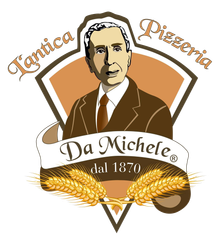 Logo per L'Antica Pizzeria Da Michele: uomo in giacca e cravatta, testo arcuato, striscione con testo, grano e combinazione di colori marrone e beige.