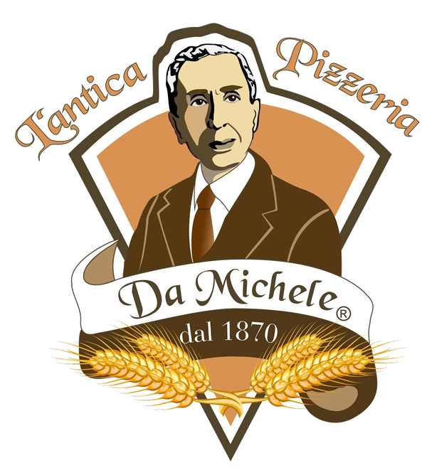 Logo per L'Antica Pizzeria Da Michele: uomo in giacca e cravatta, testo arcuato, striscione con testo, grano e combinazione di colori marrone e beige.