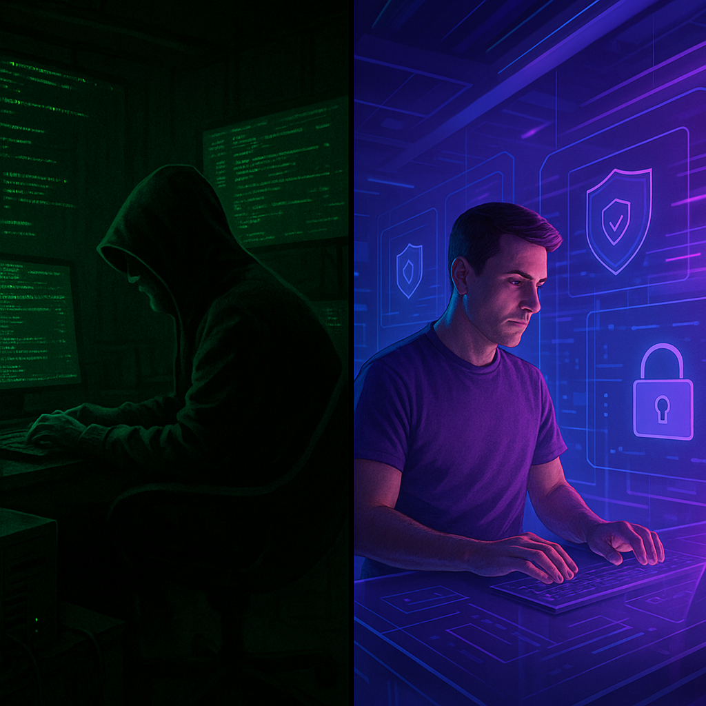 split image with hacker on one side and cybersecurity pro on the other