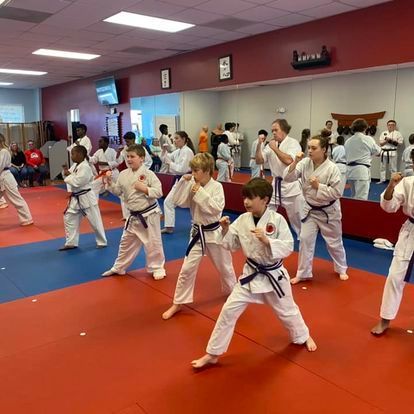 a group of young people are practicing karate in a gym .