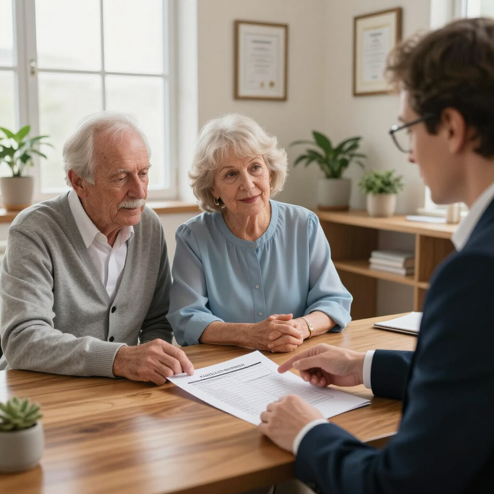 Un consultor está sentado frente a dos personas en una mesa de madera.