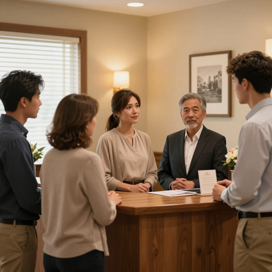 Cuatro personas están de pie alrededor de un mostrador de madera en un interior bien iluminado.