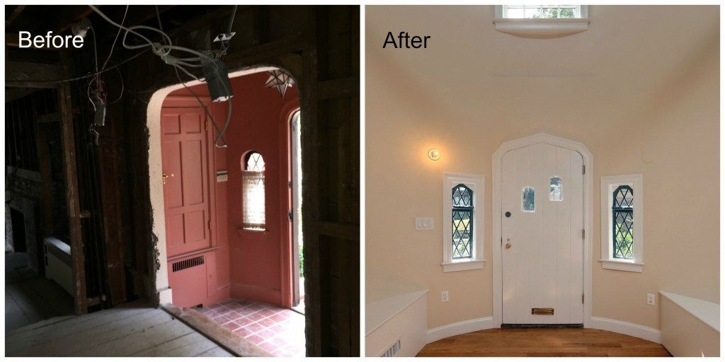 Before-and-after of a doorway renovation. The before shows a dilapidated doorway; the after shows a newly renovated one.