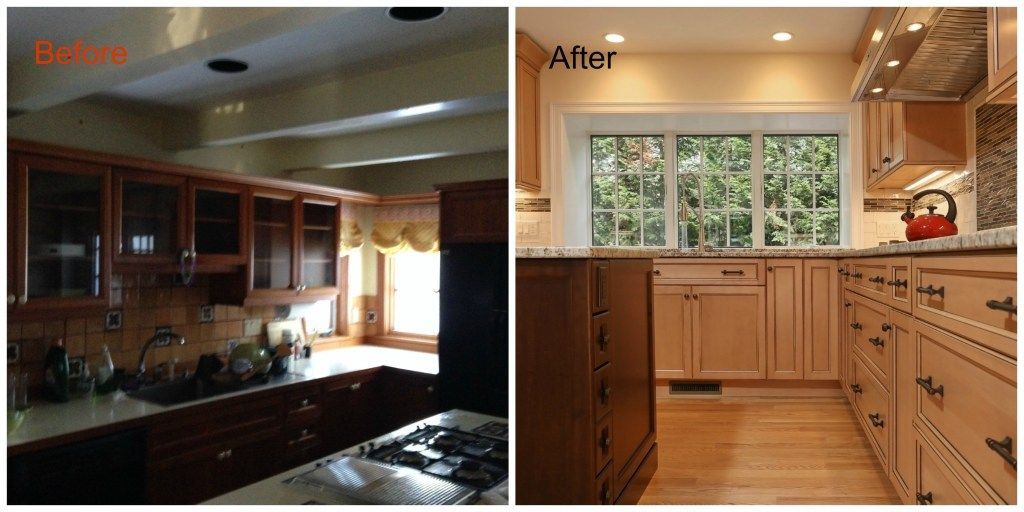 Before and after photos of a kitchen remodel. Dark cabinets replaced with light cabinets, brighter lighting.