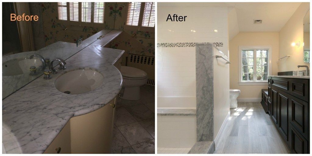 Bathroom renovation before and after: Old bathroom with ornate sink, new bathroom with modern vanity.