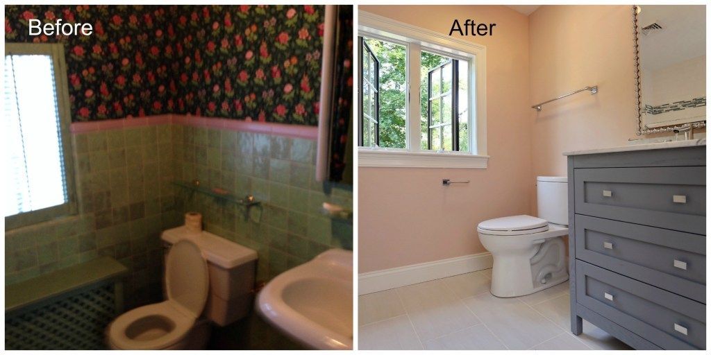 Bathroom remodel: before (dark floral wallpaper, green tile) and after (pink walls, white trim, gray vanity).