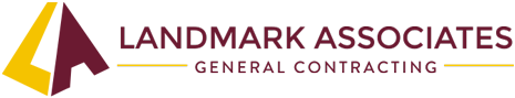 Logo for Landmark Associates, a general contracting company. Includes a yellow and maroon 