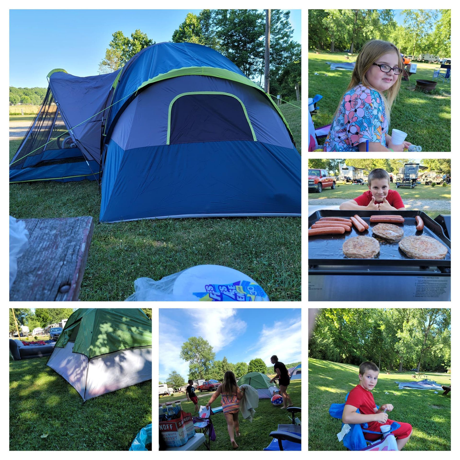 A collage of pictures of people camping in a park